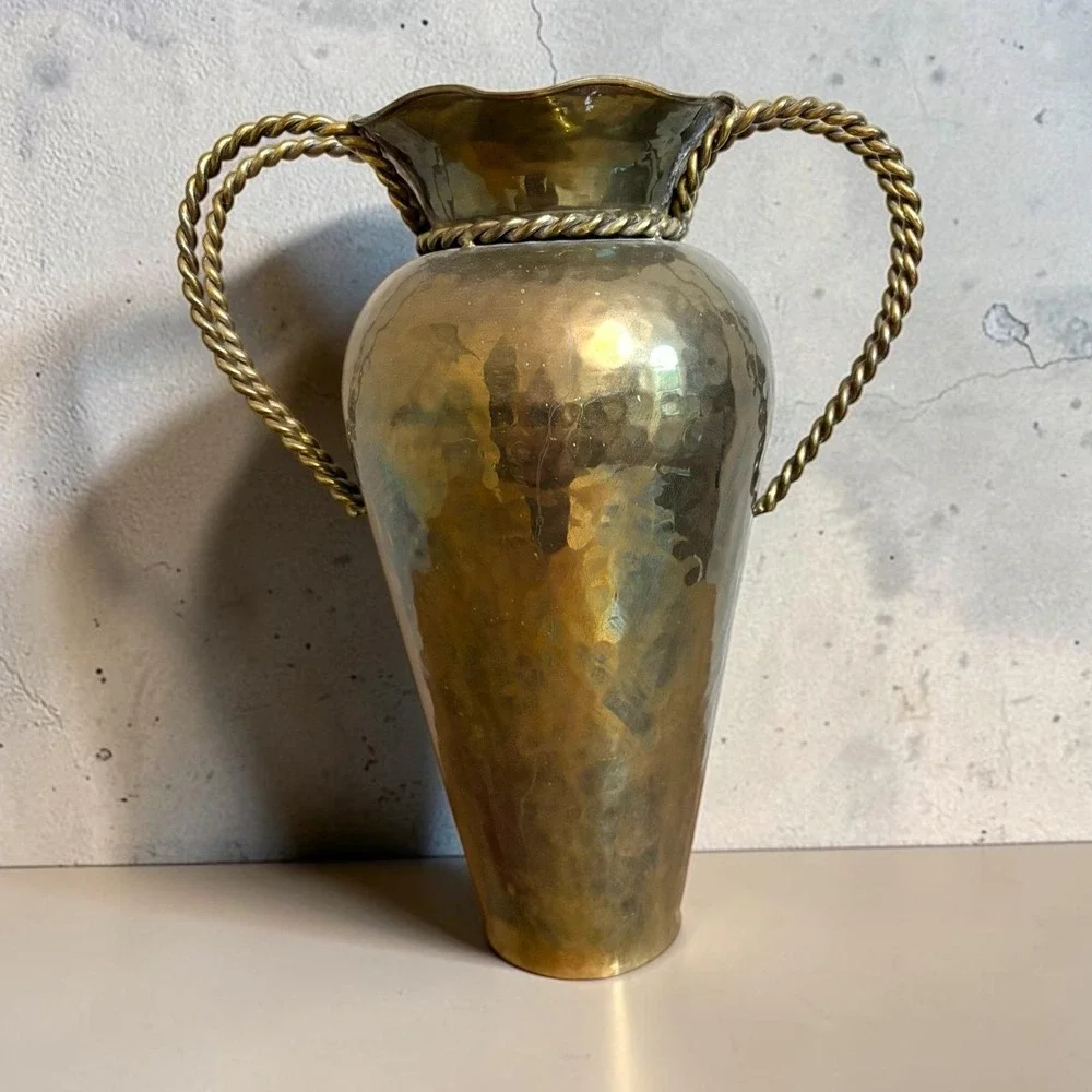 Vintage Hammered Brass Vase 14 Inch Scalloped Rim Twisted Rope Handles